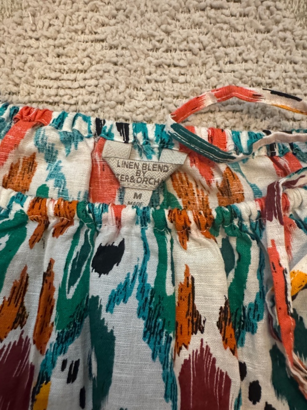 Hester & Orchard Linen Blend Boho Peasant Top Medium | Colorful Ikat Blouse - Picture 2 of 4